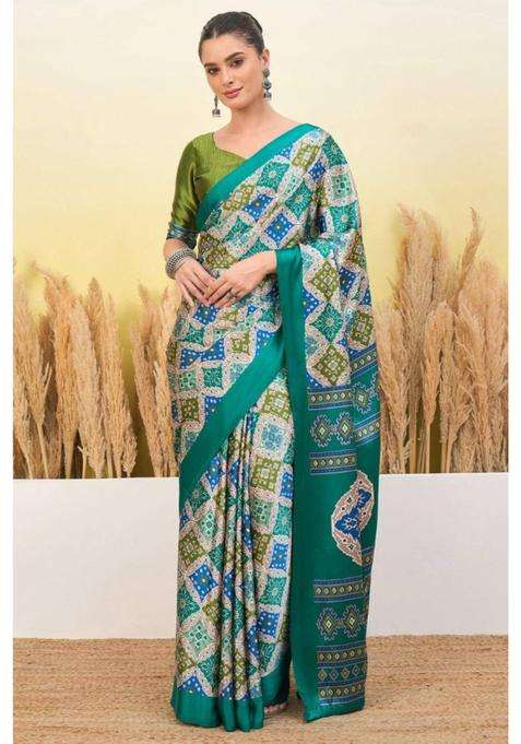 Turquoise Blue Patola Printed Satin Crepe Silk Saree for Women Casual Wear