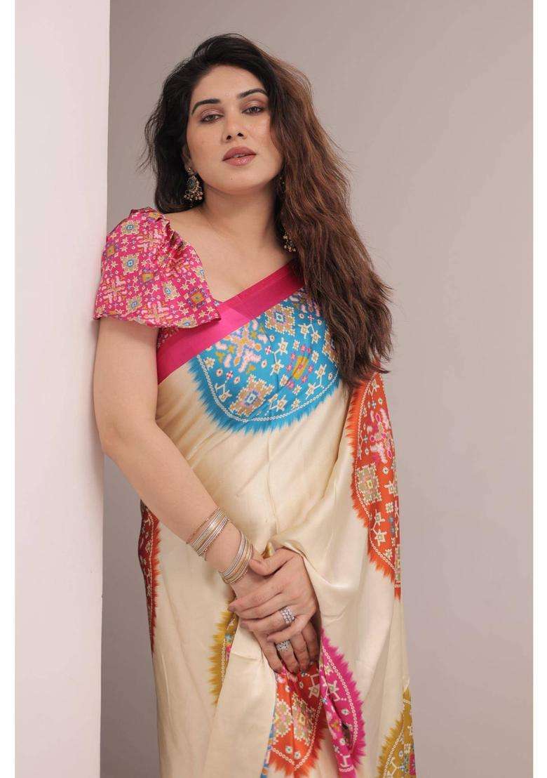 Vanilla Cream and Pink Modal Ajrakh Printed Silk Saree for Women Casual Wear - Indya