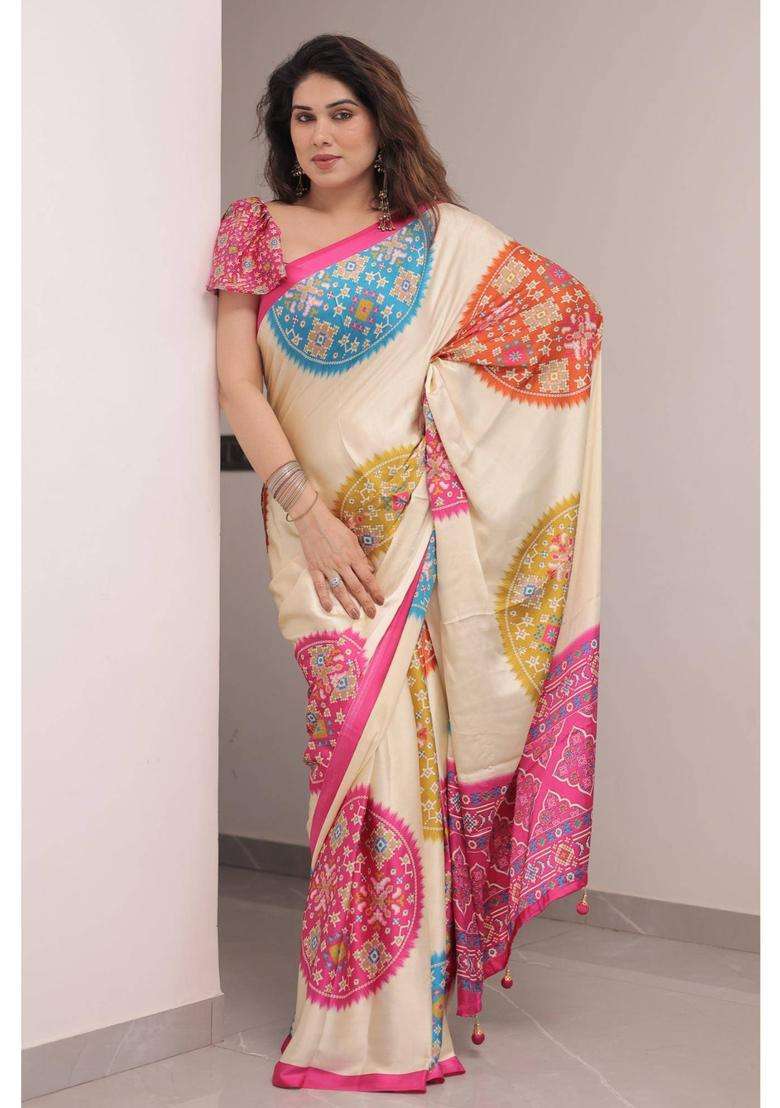 Vanilla Cream and Pink Modal Ajrakh Printed Silk Saree for Women Casual Wear - Indya