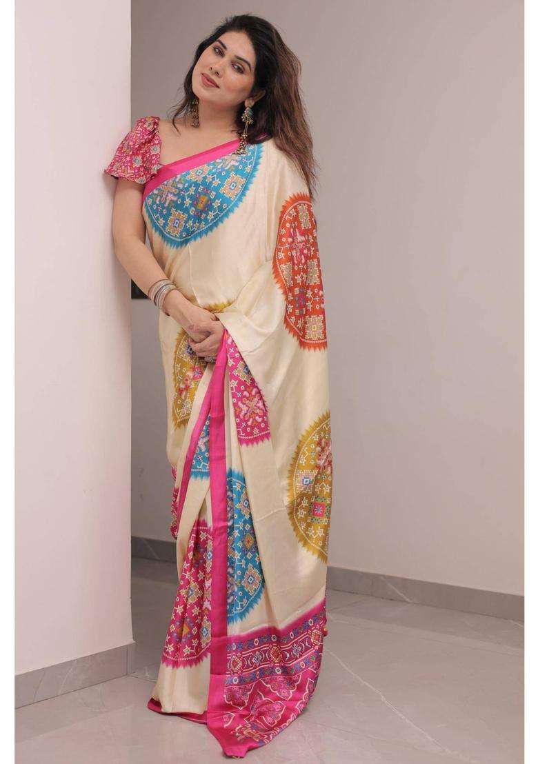 Vanilla Cream and Pink Modal Ajrakh Printed Silk Saree for Women Casual Wear - Indya
