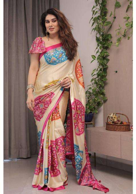 Vanilla Cream and Pink Modal Ajrakh Printed Silk Saree for Women Casual Wear