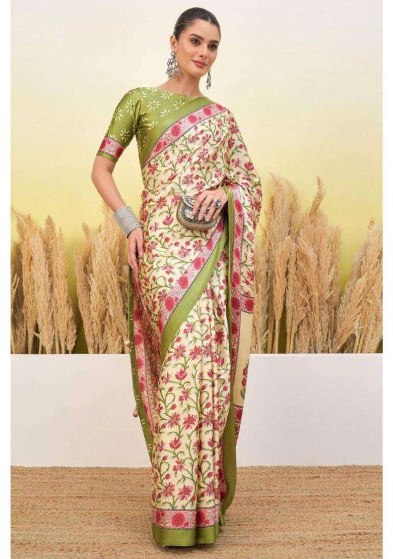Warm Cream Modal Satin Printed Silk Saree for Women Casual Wear - Indya