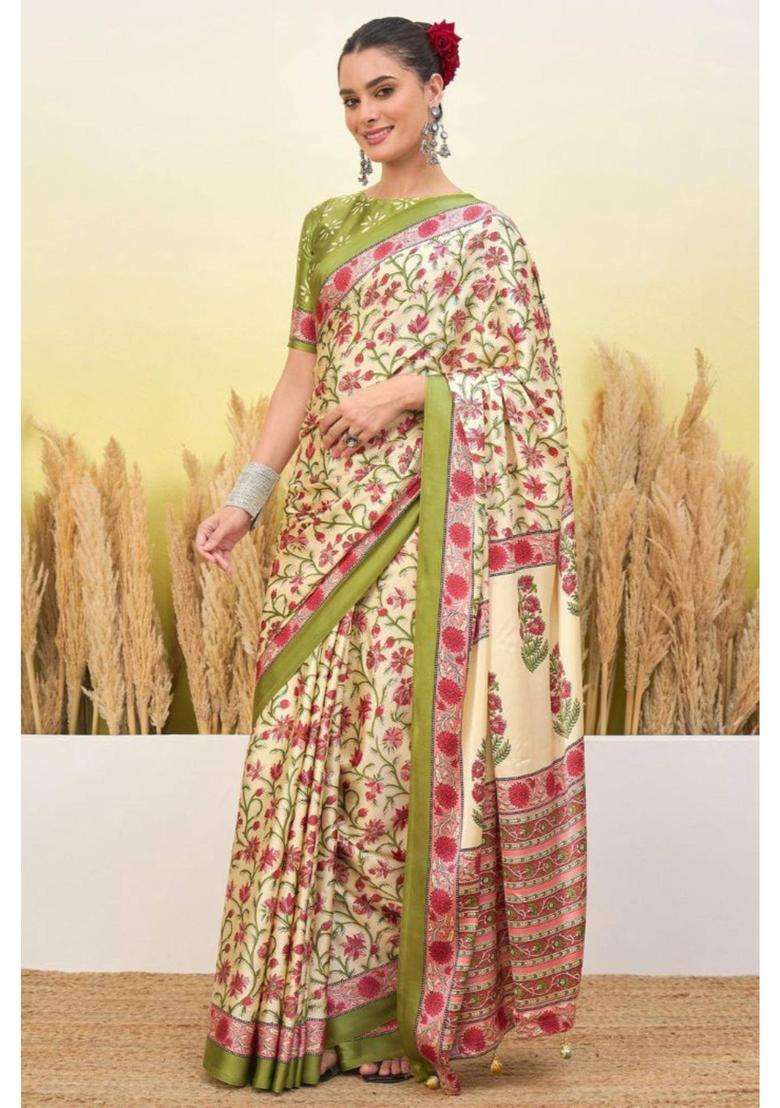 Warm Cream Modal Satin Printed Silk Saree for Women Casual Wear - Indya