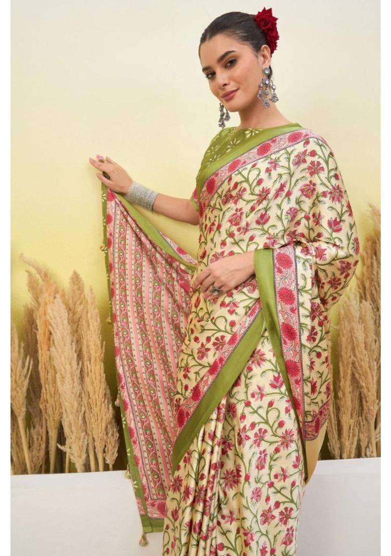 Warm Cream Modal Satin Printed Silk Saree for Women Casual Wear - Indya