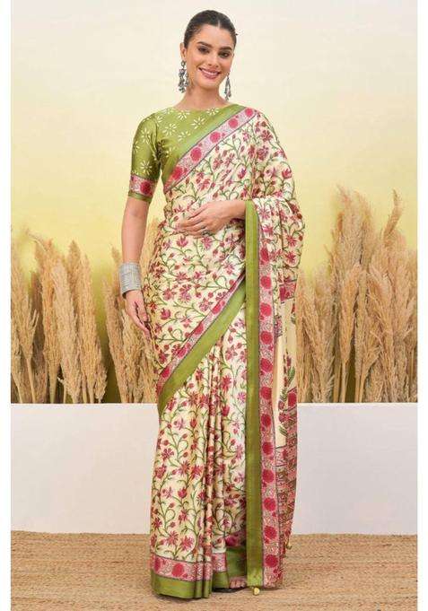 Warm Cream Modal Satin Printed Silk Saree for Women Casual Wear