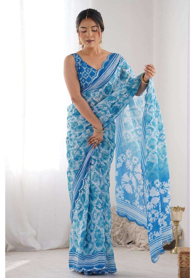 Water Blue Digital Printed Chinon Saree with Unstitched Blouse for Women Festive Wear - Indya