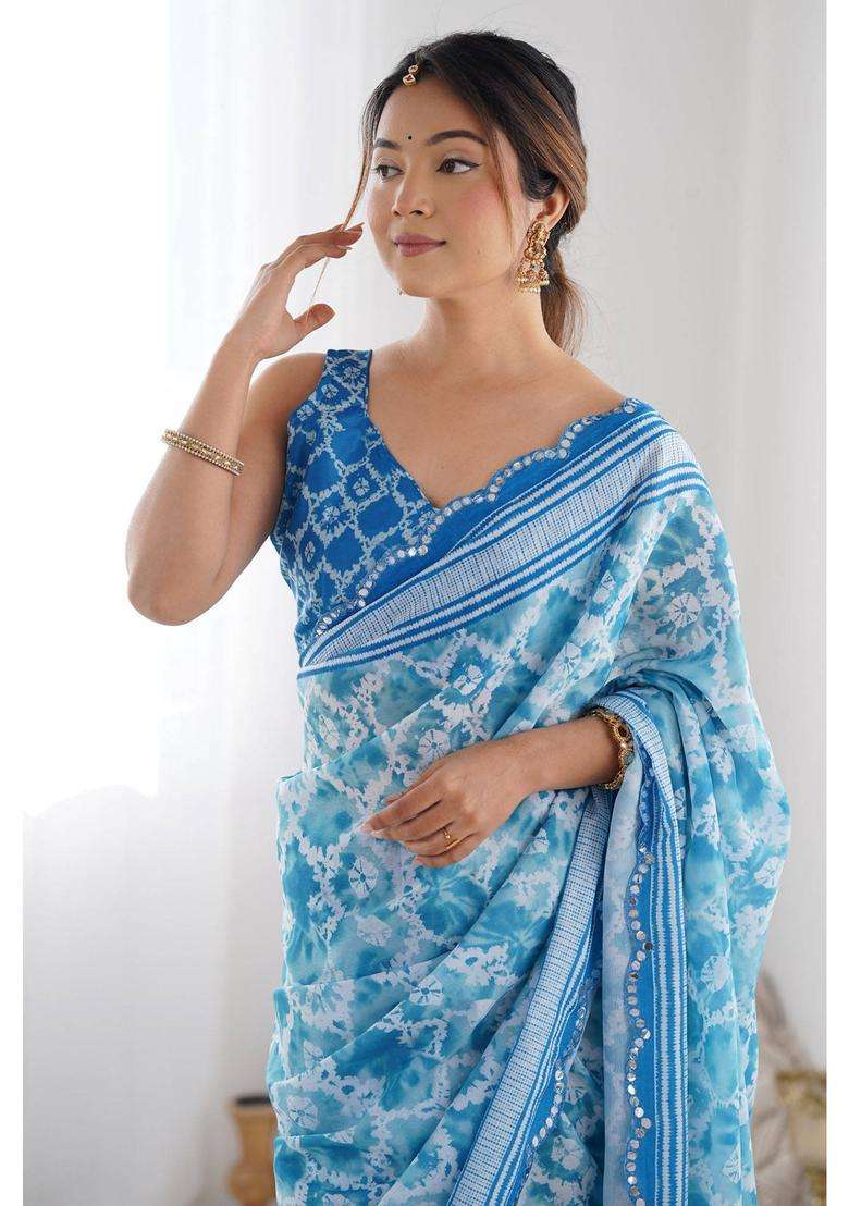 Water Blue Digital Printed Chinon Saree with Unstitched Blouse for Women Festive Wear - Indya