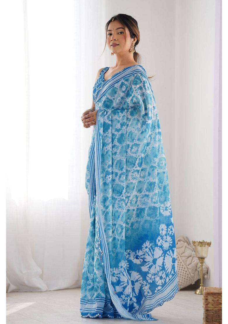 Water Blue Digital Printed Chinon Saree with Unstitched Blouse for Women Festive Wear - Indya