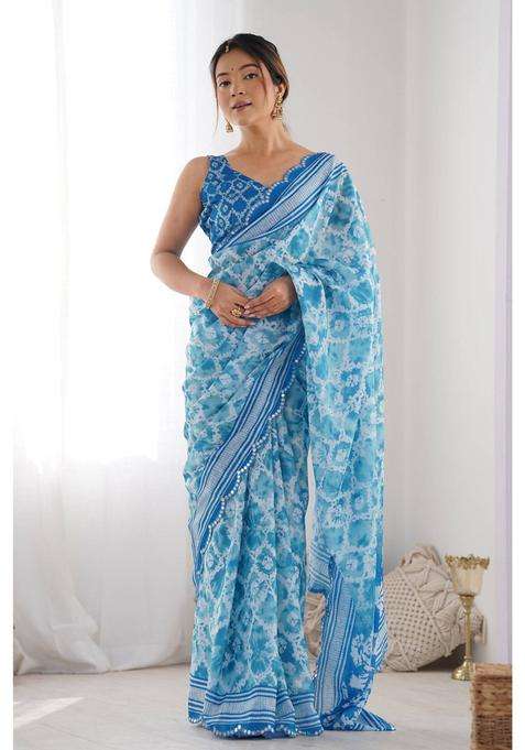 Water Blue Digital Printed Chinon Saree with Unstitched Blouse for Women Festive Wear