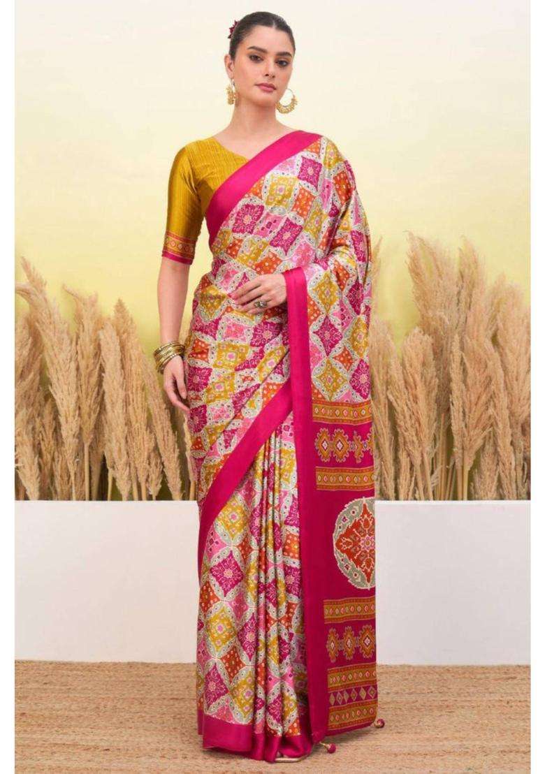 Watermelon Pink Patola Printed Satin Crepe Silk Saree for Women Casual Wear - Indya