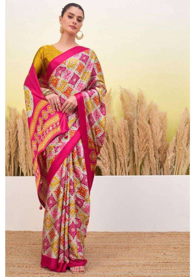 Watermelon Pink Patola Printed Satin Crepe Silk Saree for Women Casual Wear - Indya