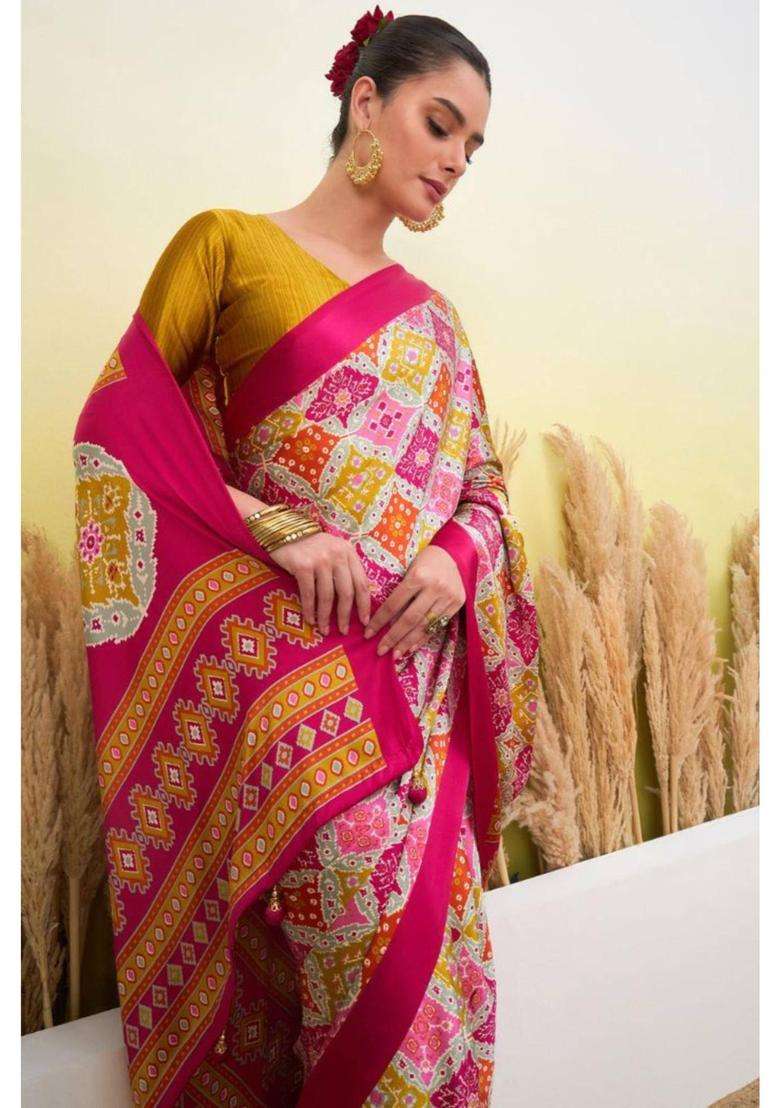 Watermelon Pink Patola Printed Satin Crepe Silk Saree for Women Casual Wear - Indya