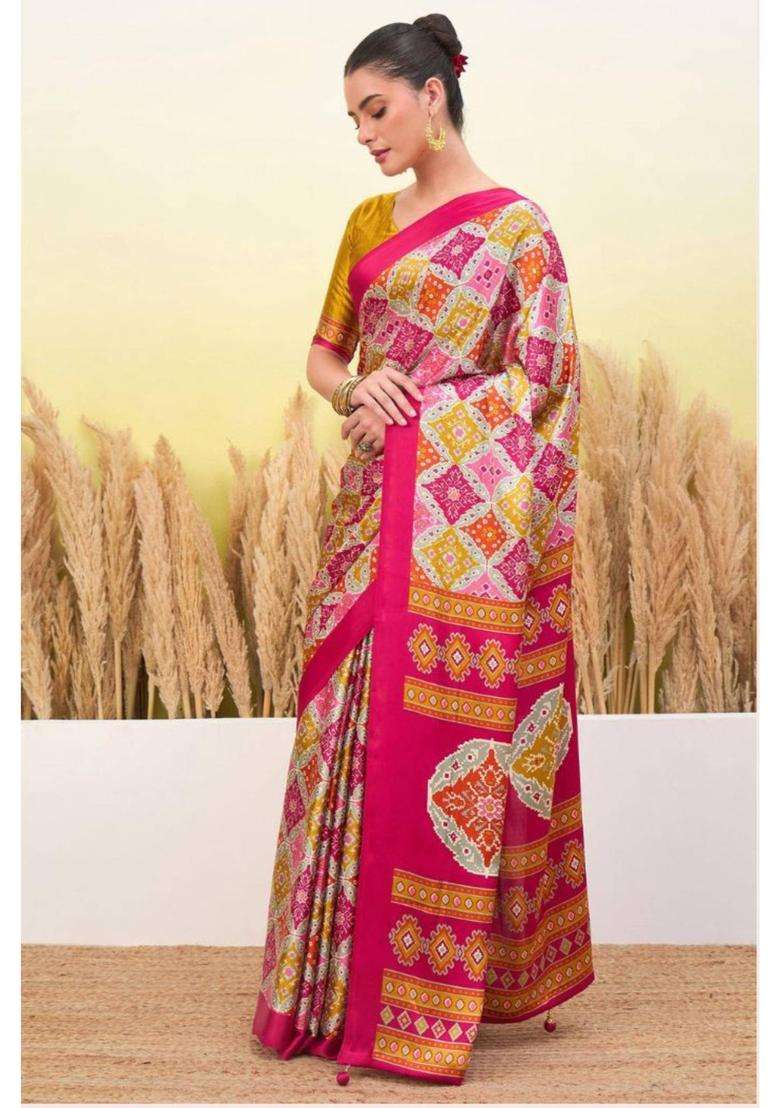 Watermelon Pink Patola Printed Satin Crepe Silk Saree for Women Casual Wear - Indya