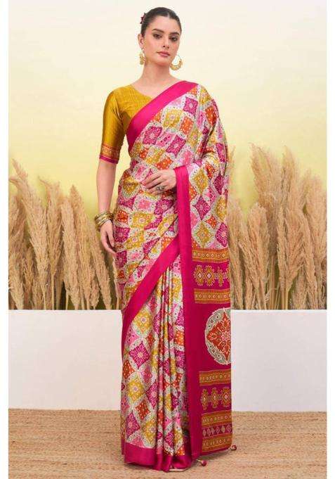 Watermelon Pink Patola Printed Satin Crepe Silk Saree for Women Casual Wear