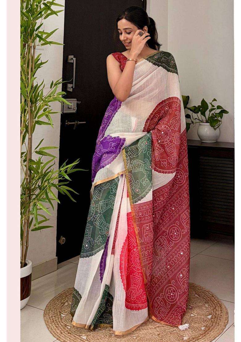 White Linen Bandhani with Mirror Work Saree for Women Casual Wear - Indya