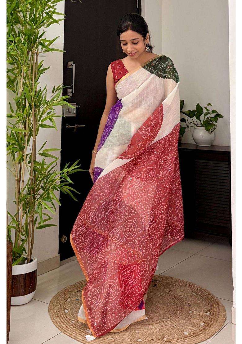 White Linen Bandhani with Mirror Work Saree for Women Casual Wear - Indya