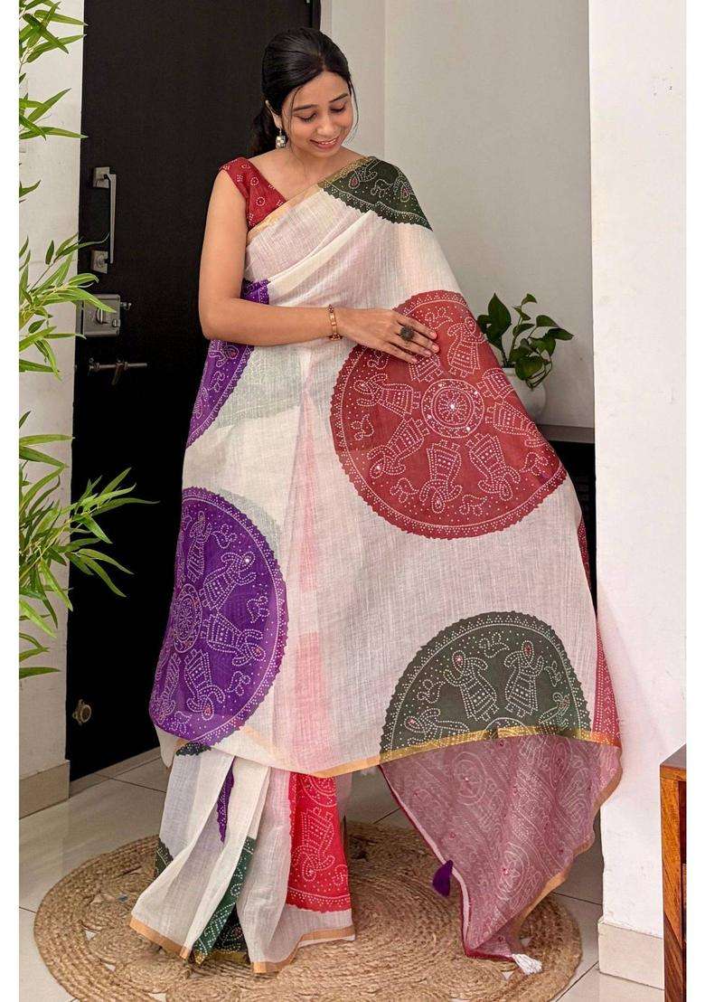 White Linen Bandhani with Mirror Work Saree for Women Casual Wear - Indya