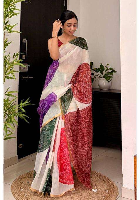 White Linen Bandhani with Mirror Work Saree for Women Casual Wear