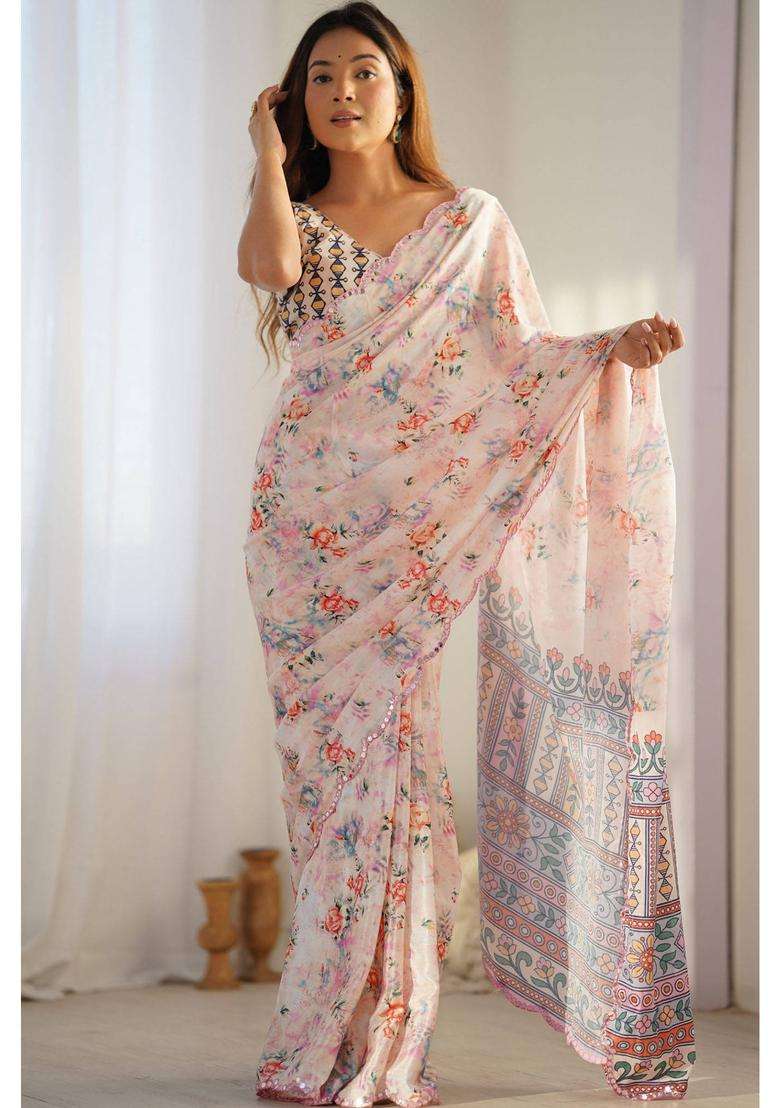 White Lotus Digital Printed Chinon Saree with Unstitched Blouse for Women Festive Wear - Indya