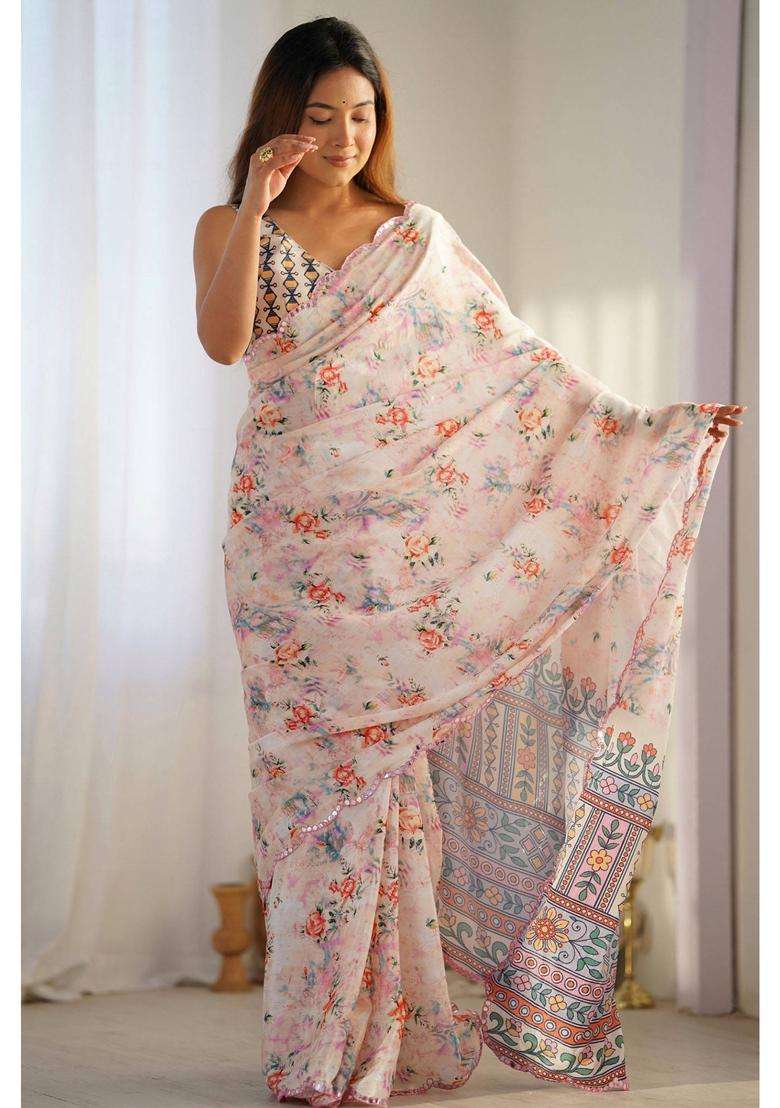 White Lotus Digital Printed Chinon Saree with Unstitched Blouse for Women Festive Wear - Indya