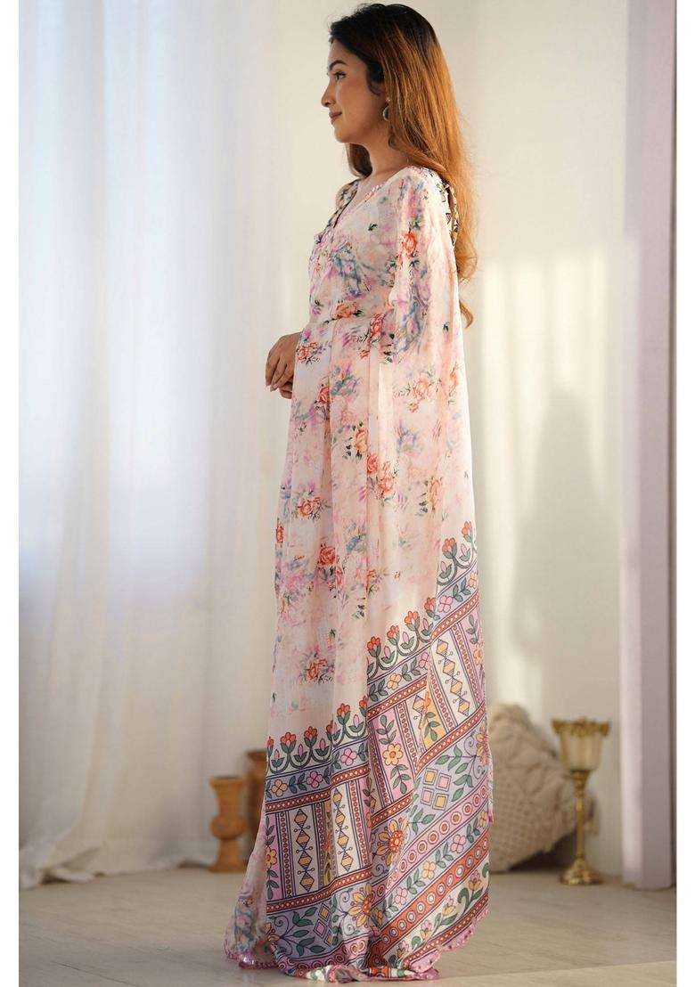 White Lotus Digital Printed Chinon Saree with Unstitched Blouse for Women Festive Wear - Indya