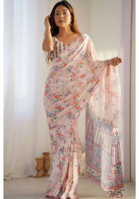 White Lotus Digital Printed Chinon Saree with Unstitched Blouse for Women Festive Wear