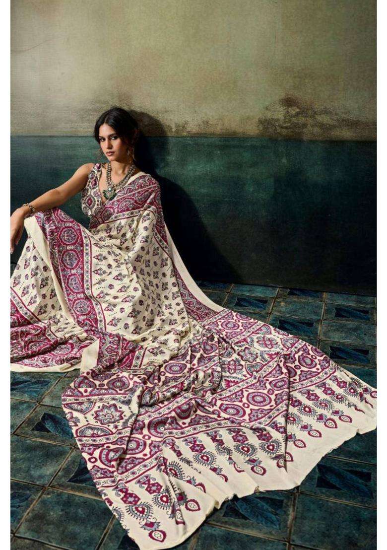 Cream Modal Ajrakh Satin Printed Silk Saree for Women Casual Wear - Indya