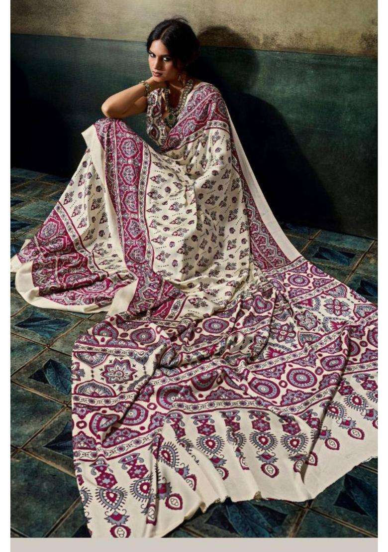 Cream Modal Ajrakh Satin Printed Silk Saree for Women Casual Wear - Indya
