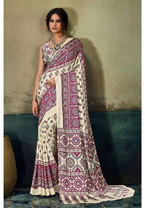 Cream Modal Ajrakh Satin Printed Silk Saree for Women Casual Wear