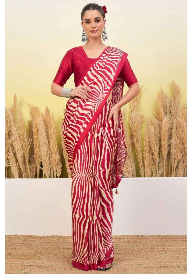Wine Red Modal Ajrakh Satin Printed Silk Saree for Women Casual Wear - Indya