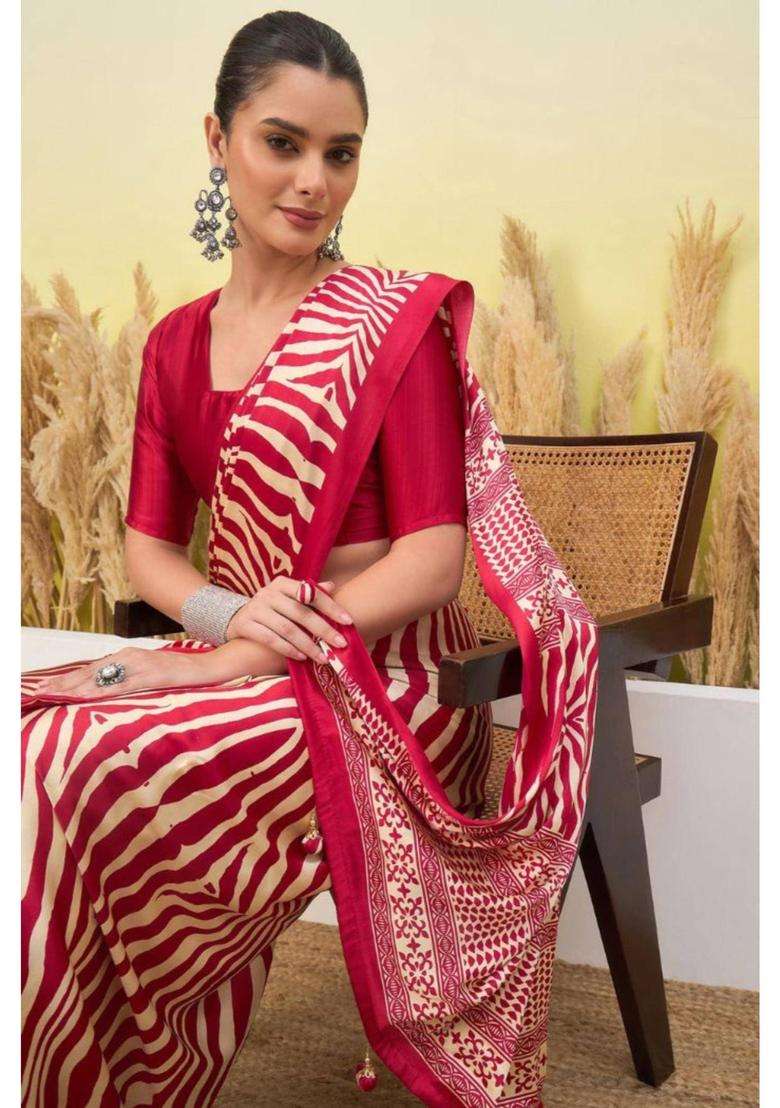 Wine Red Modal Ajrakh Satin Printed Silk Saree for Women Casual Wear - Indya