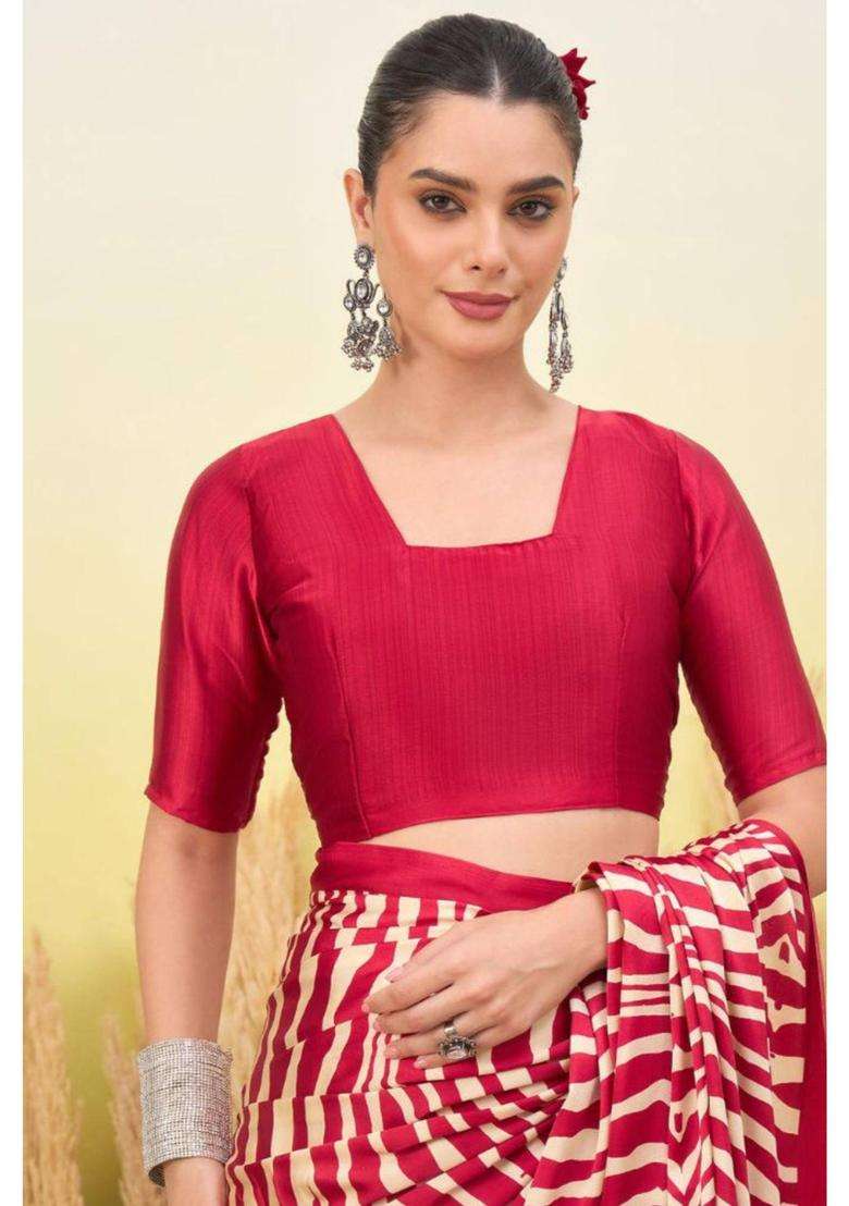 Wine Red Modal Ajrakh Satin Printed Silk Saree for Women Casual Wear - Indya