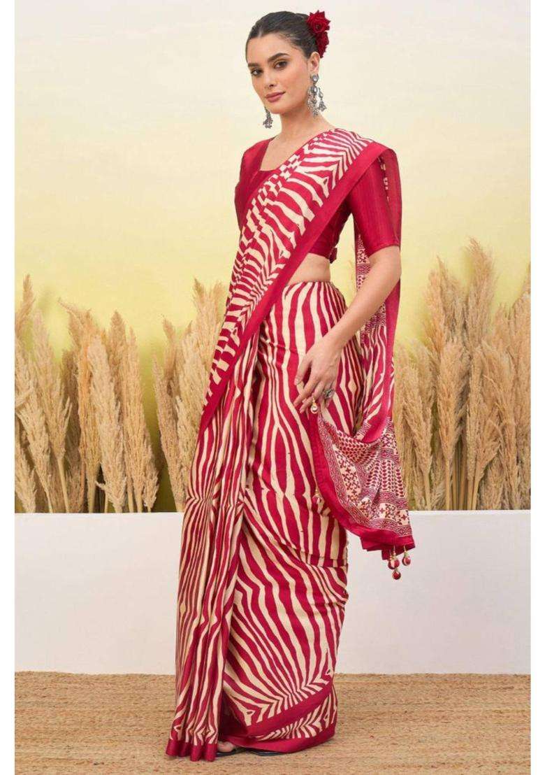 Wine Red Modal Ajrakh Satin Printed Silk Saree for Women Casual Wear - Indya