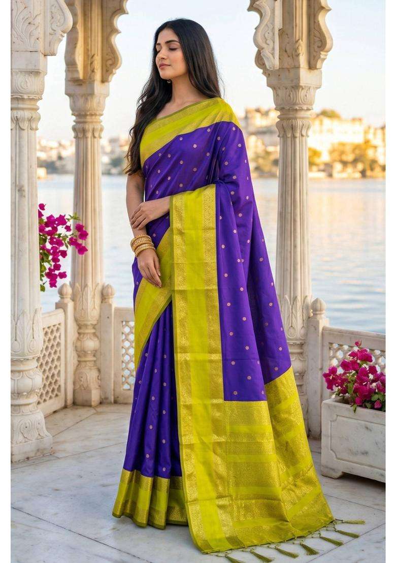 Wisdom Purple Woven Zari Saree with Unstitched Blouse for Women Festive Wear - Indya