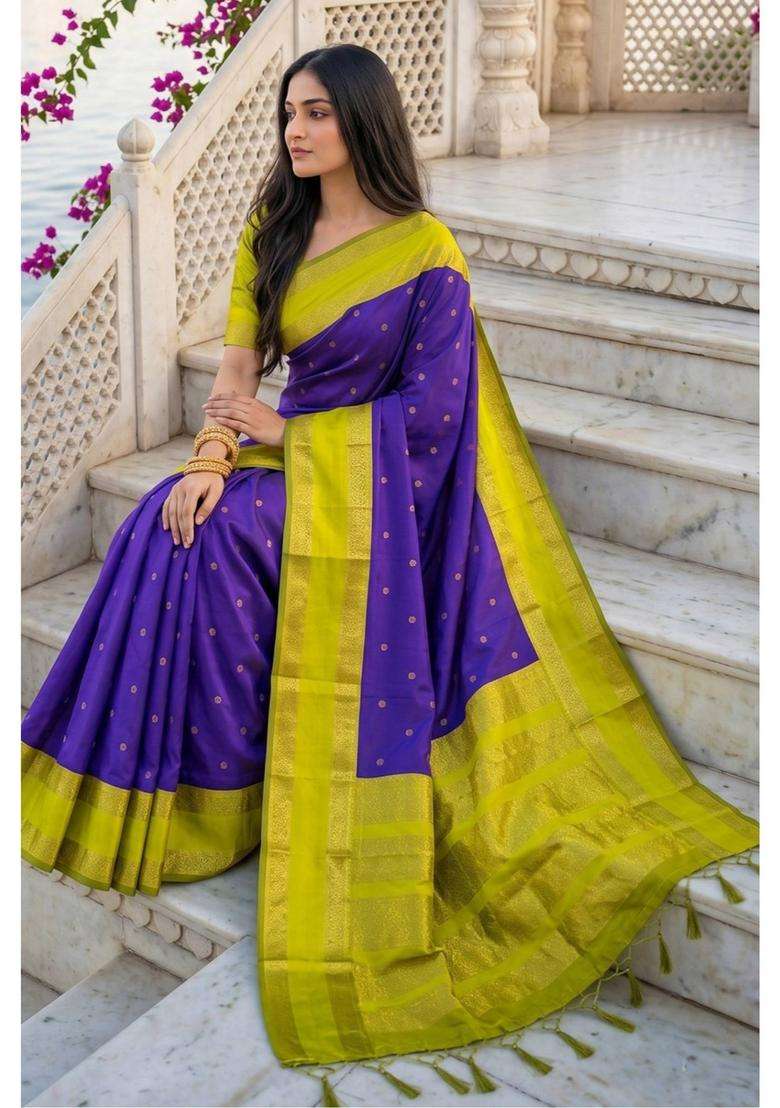 Wisdom Purple Woven Zari Saree with Unstitched Blouse for Women Festive Wear - Indya