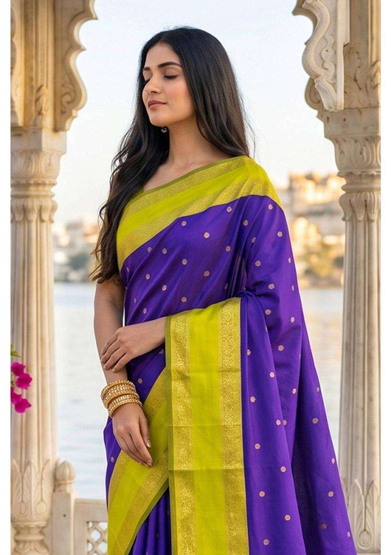 Wisdom Purple Woven Zari Saree with Unstitched Blouse for Women Festive Wear - Indya