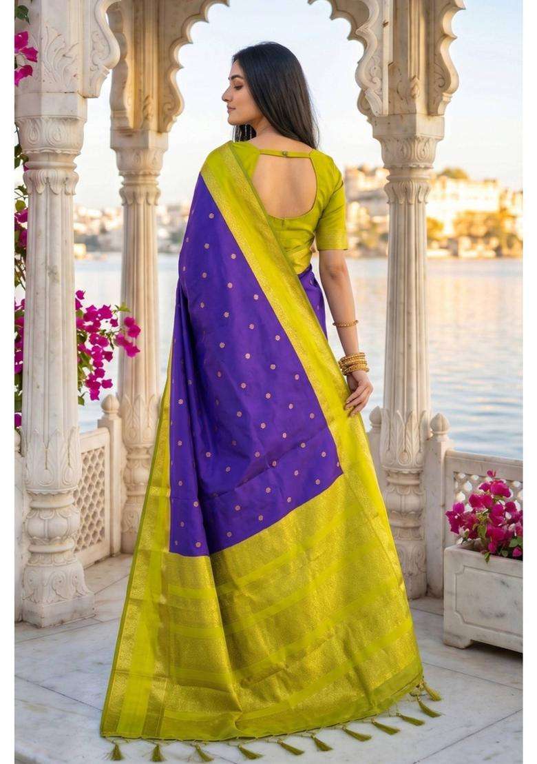 Wisdom Purple Woven Zari Saree with Unstitched Blouse for Women Festive Wear - Indya