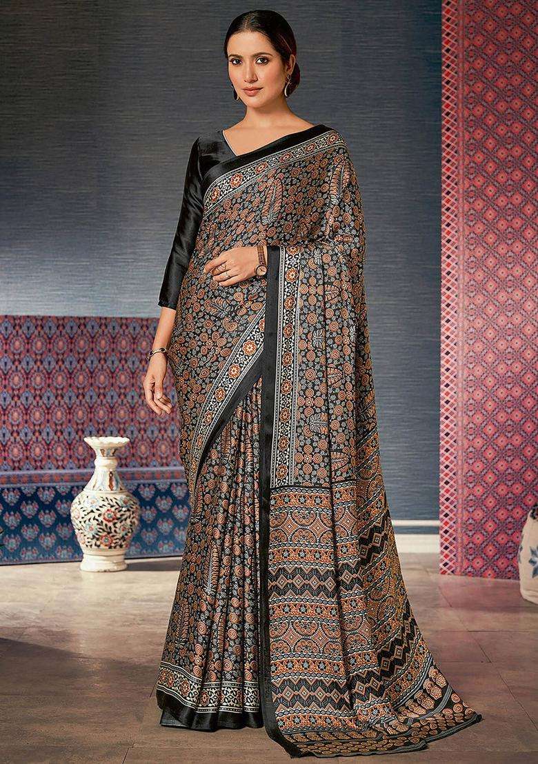 Black Satin Floral Saree with Unstitched Blouse with Unstitched for Women Festive Wear - Indya