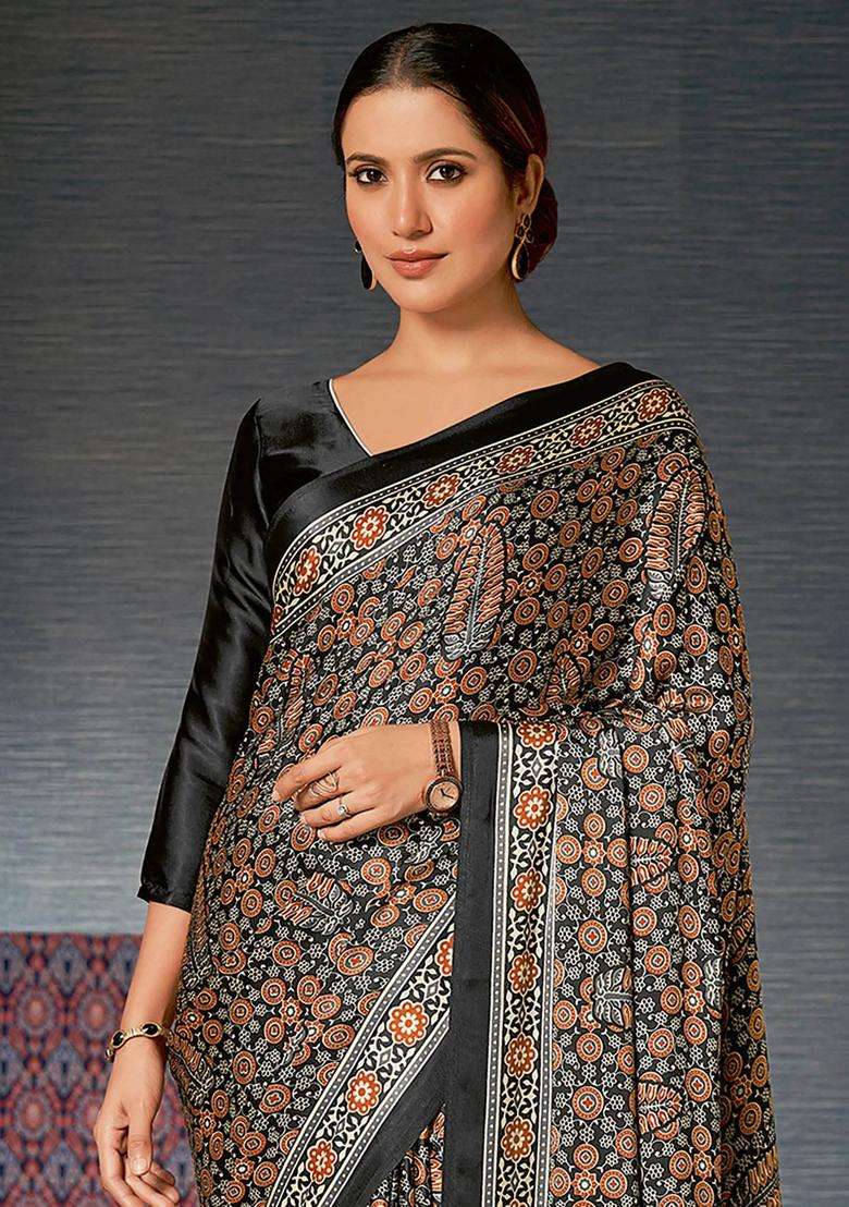 Black Satin Floral Saree with Unstitched Blouse with Unstitched for Women Festive Wear - Indya