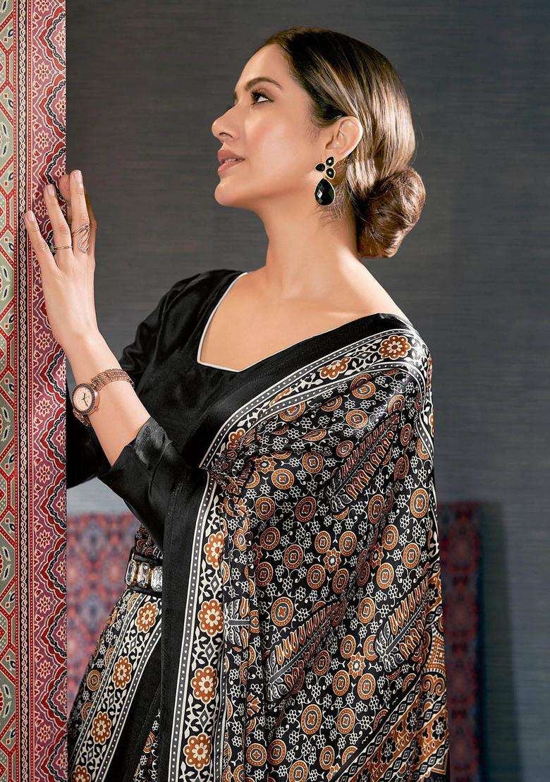Black Satin Floral Saree with Unstitched Blouse with Unstitched for Women Festive Wear - Indya
