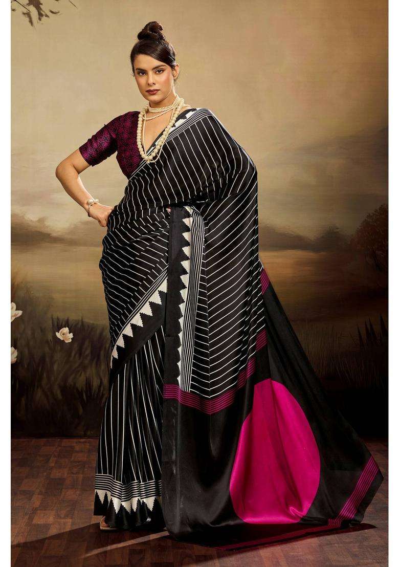 Black Satin Stripes Saree with Unstitched Blouse for Women Casual Wear - Indya