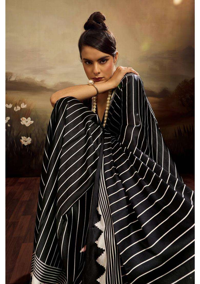 Black Satin Stripes Saree with Unstitched Blouse for Women Casual Wear - Indya