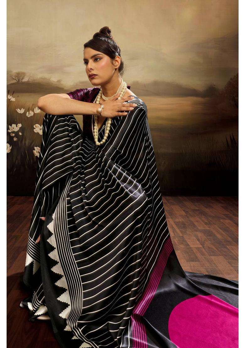 Black Satin Stripes Saree with Unstitched Blouse for Women Casual Wear - Indya
