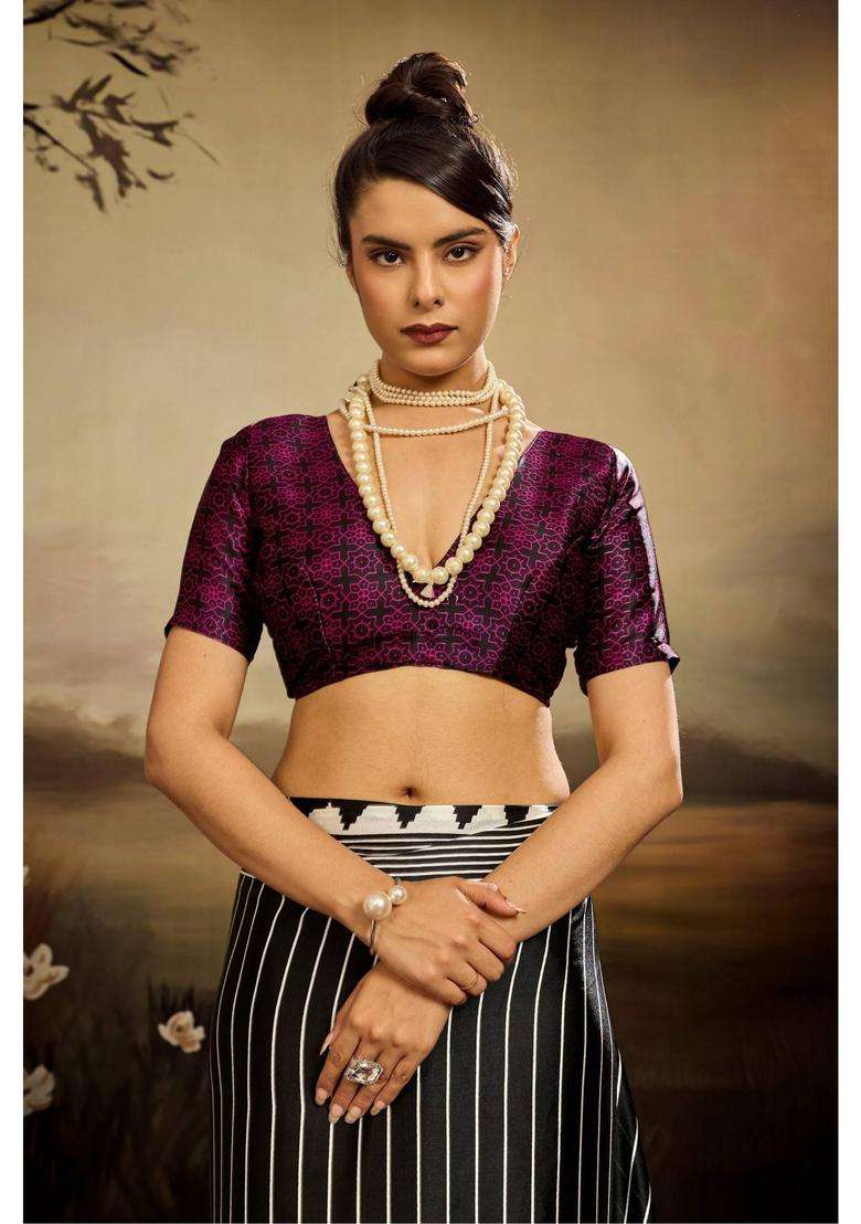 Black Satin Stripes Saree with Unstitched Blouse for Women Casual Wear - Indya