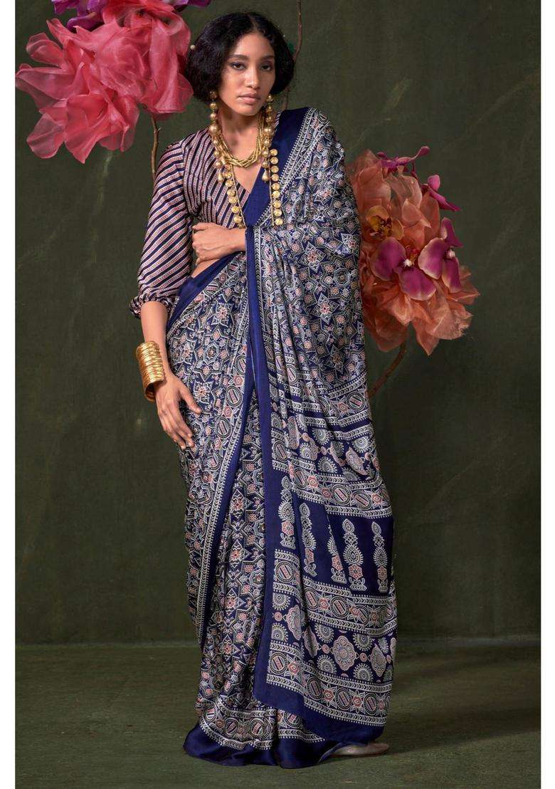 Blue Satin Printed Saree with Unstitched Blouse for Women Festive Wear - Indya