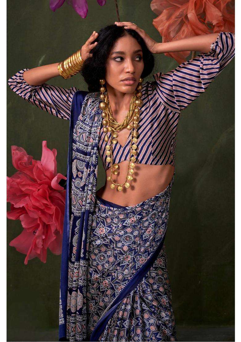 Blue Satin Printed Saree with Unstitched Blouse for Women Festive Wear - Indya