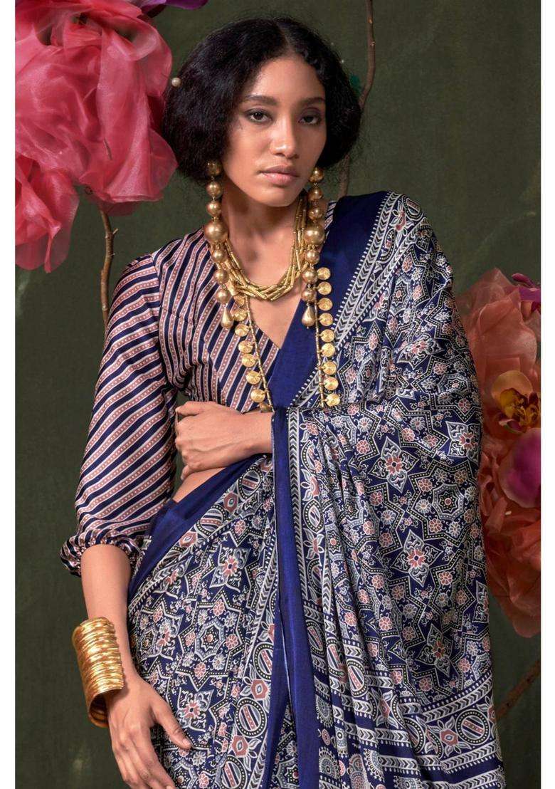 Blue Satin Printed Saree with Unstitched Blouse for Women Festive Wear - Indya