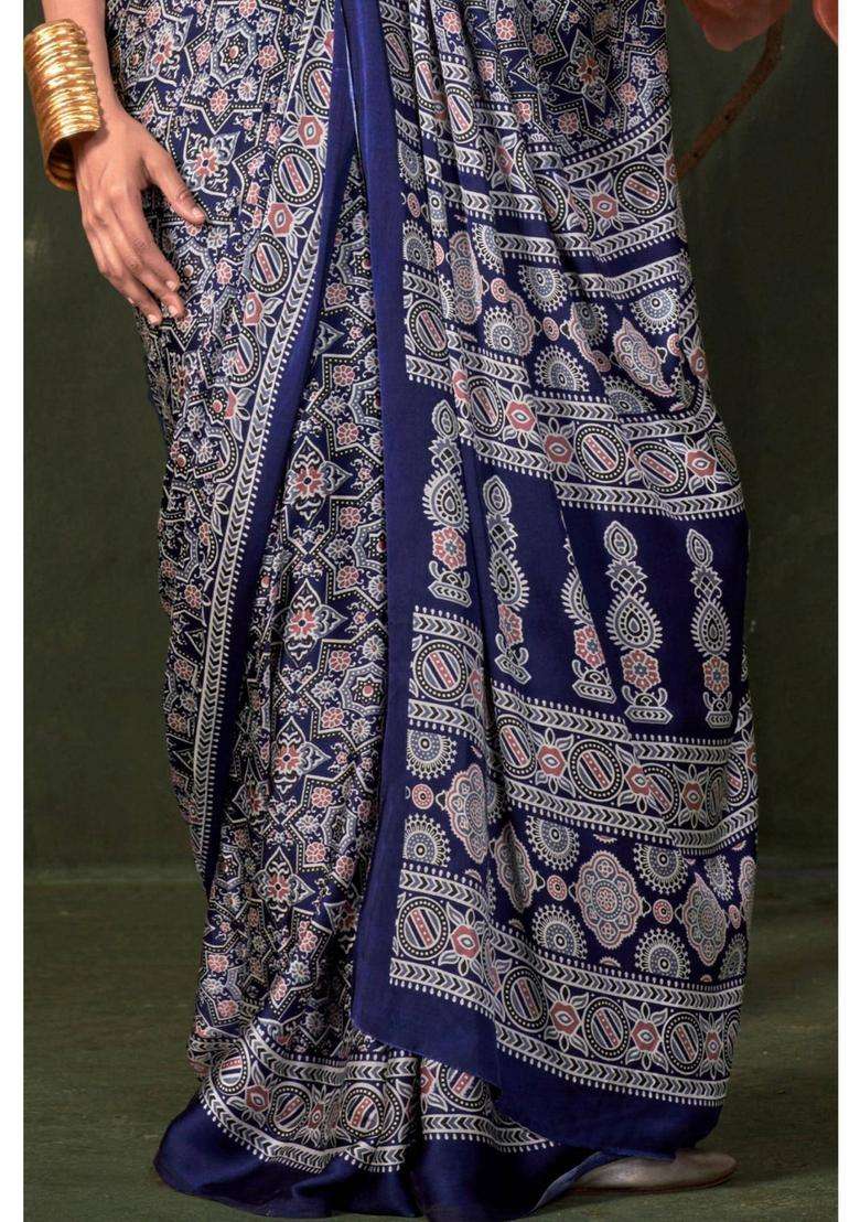 Blue Satin Printed Saree with Unstitched Blouse for Women Festive Wear - Indya