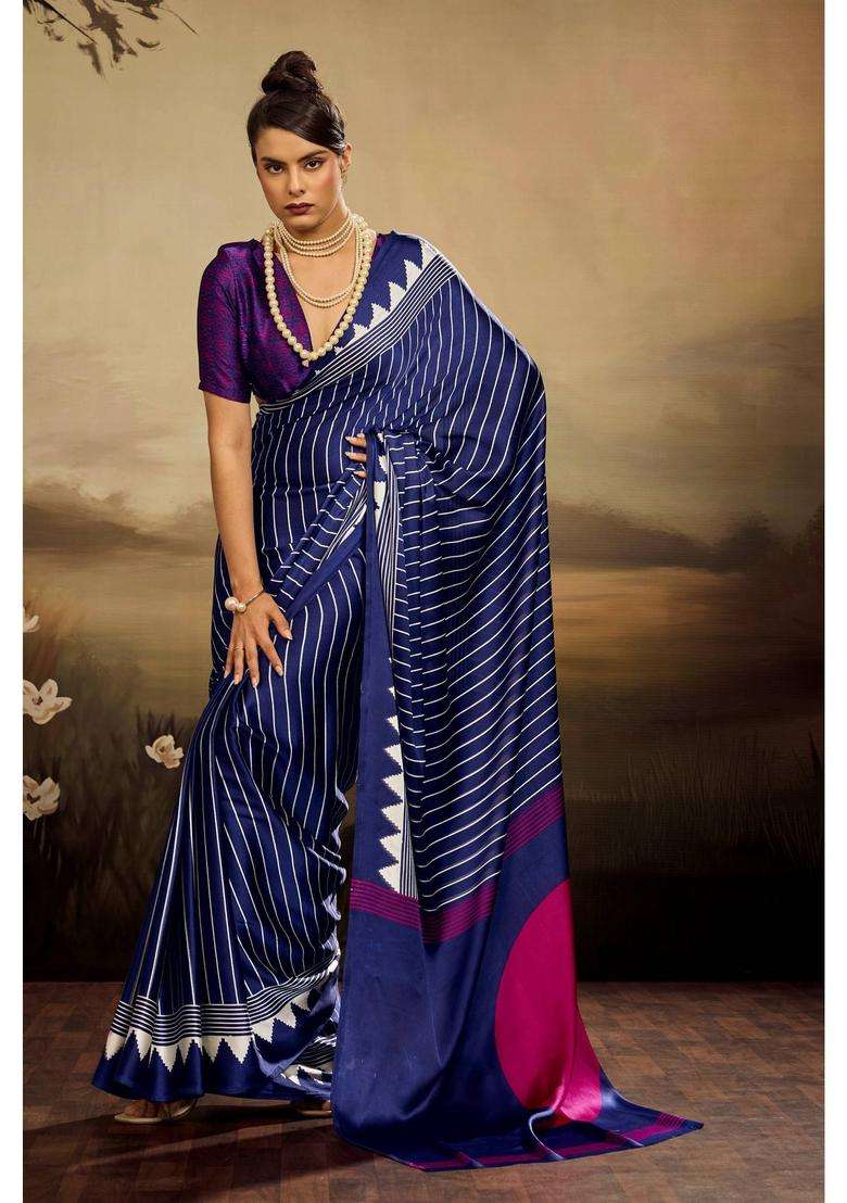 Blue Satin Stripes Saree with Unstitched Blouse for Women Casual Wear - Indya