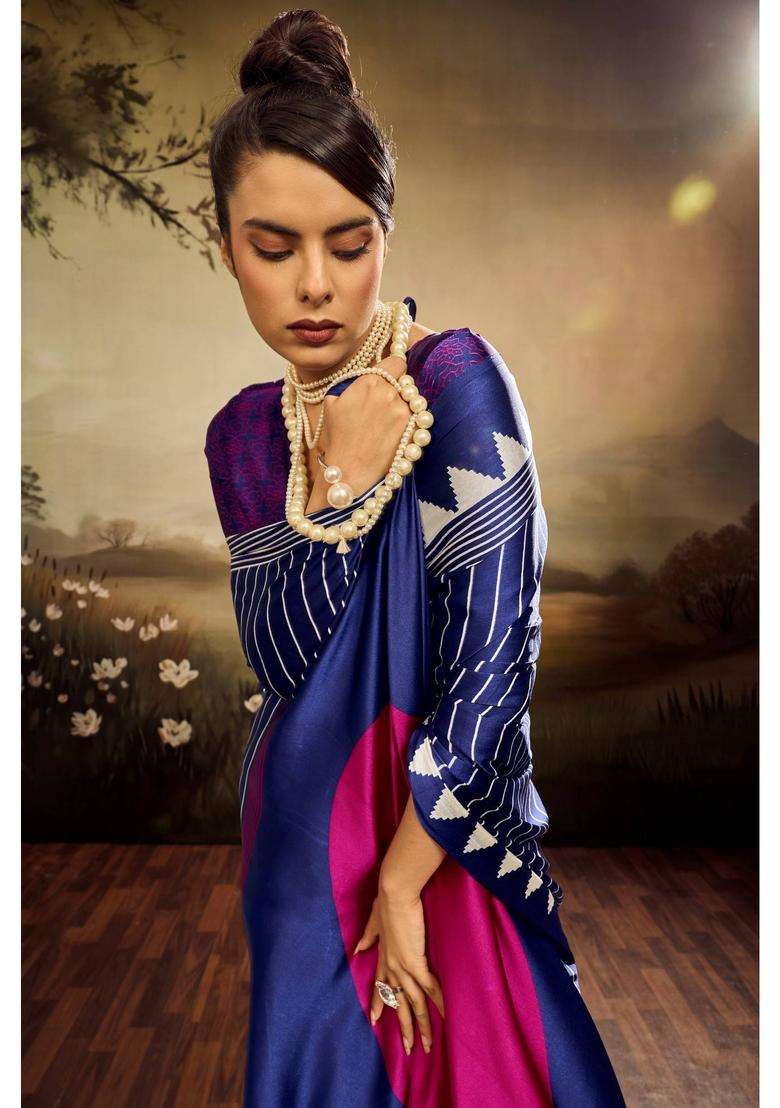 Blue Satin Stripes Saree with Unstitched Blouse for Women Casual Wear - Indya